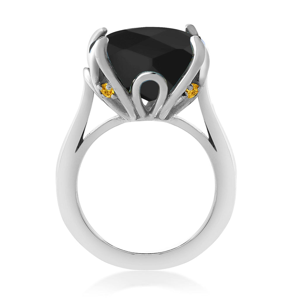 925 Sterling Silver Black Onyx and Yellow Created Sapphire Engagement Ring For Women (8.22 Cttw, 14MM Cushion Checkerboard, Available in Size 5,6,7,8,9)