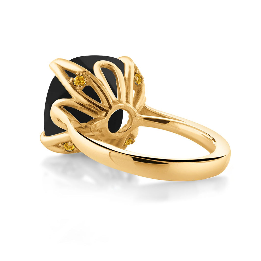 18K Yellow Gold Plated Silver Black Onyx and Yellow Created Sapphire Engagement Ring For Women (8.22 Cttw, 14MM Cushion Checkerboard, Available in Size 5,6,7,8,9)
