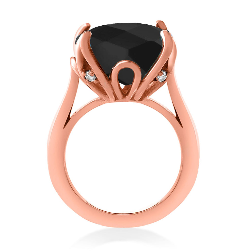 18K Rose Gold Plated Silver Black Onyx Engagement Ring For Women (8.33 Cttw, 14MM Cushion Checkerboard, Available in Size 5,6,7,8,9)