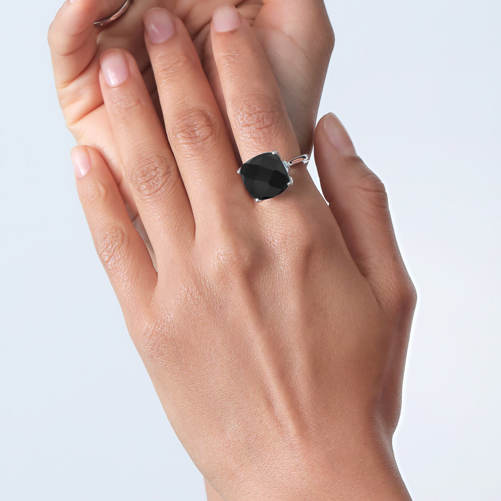 925 Sterling Silver Black Onyx Engagement Ring For Women (8.33 Cttw, 14MM Cushion Checkerboard, Available in Size 5,6,7,8,9)