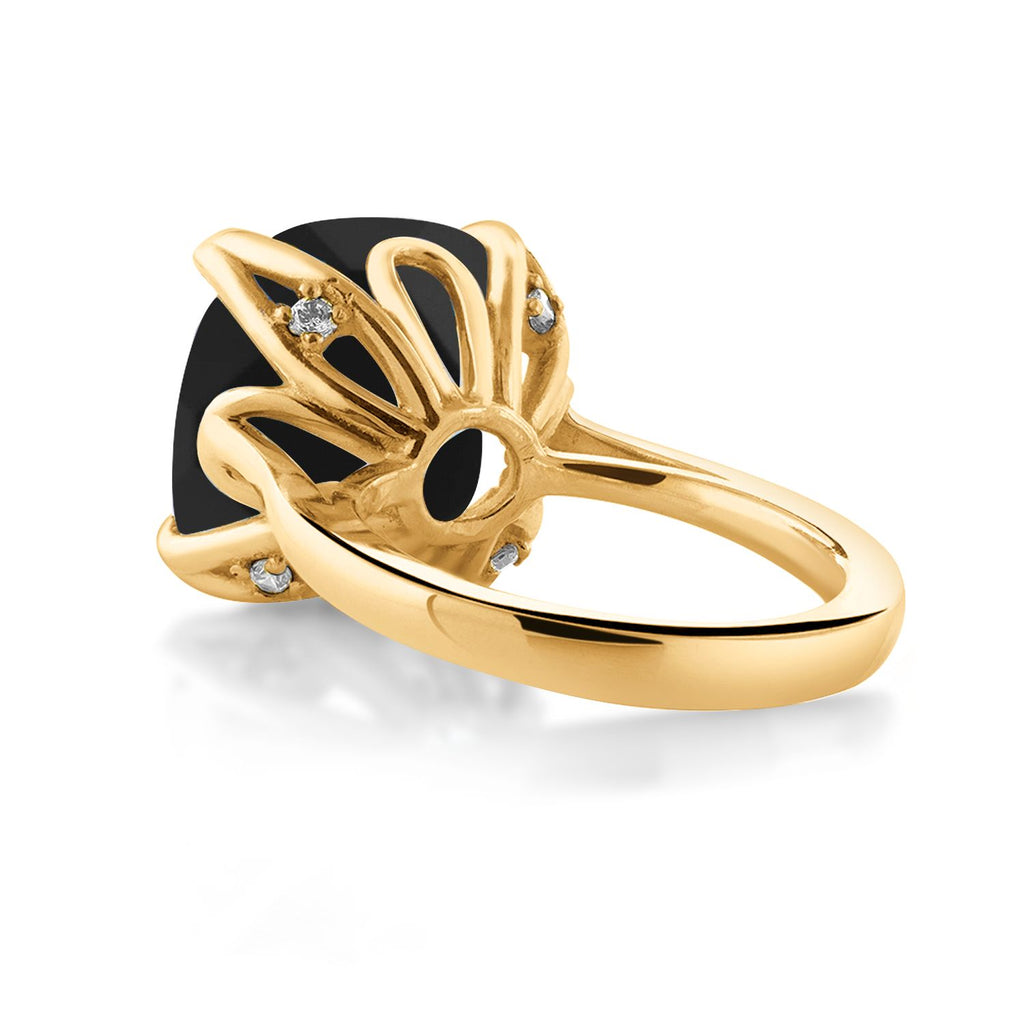 18K Yellow Gold Plated Silver Black Onyx Engagement Ring For Women (8.33 Cttw, 14MM Cushion Checkerboard, Available in Size 5,6,7,8,9)