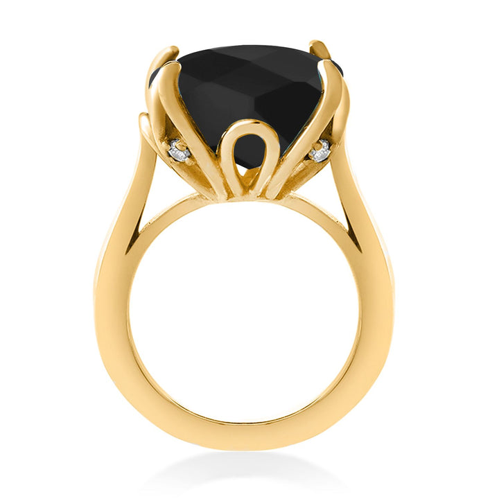 18K Yellow Gold Plated Silver Black Onyx Engagement Ring For Women (8.33 Cttw, 14MM Cushion Checkerboard, Available in Size 5,6,7,8,9)