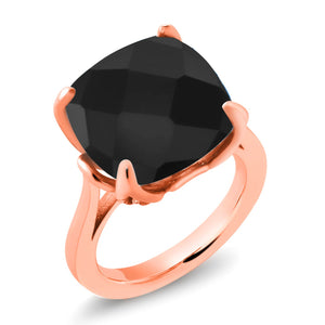 18K Rose Gold Plated Silver Black Onyx and White Diamond Engagement Ring For Women (8.27 Cttw, 14MM Cushion Checkerboard, Available in Size 5,6,7,8,9)