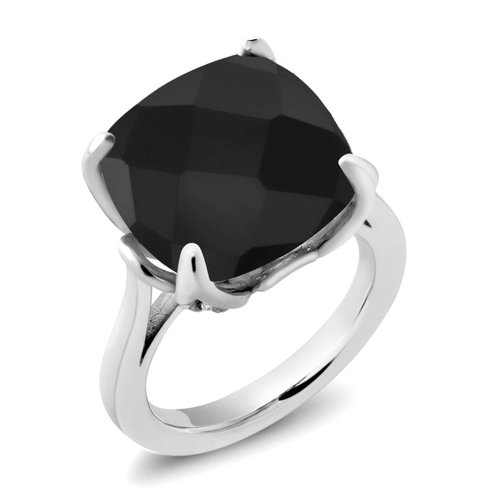 925 Sterling Silver Black Onyx and White Diamond Engagement Ring For Women (8.27 Cttw, 14MM Cushion Checkerboard, Available in Size 5,6,7,8,9)