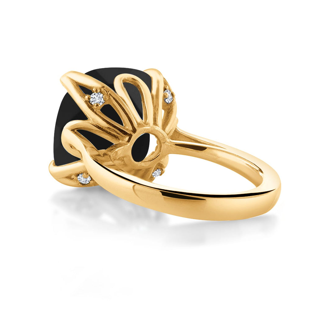 18K Yellow Gold Plated Silver Black Onyx and White Lab Grown Diamond Engagement Ring For Women (8.25 Cttw, 14MM Cushion Checkerboard, Available in Size 5,6,7,8,9)