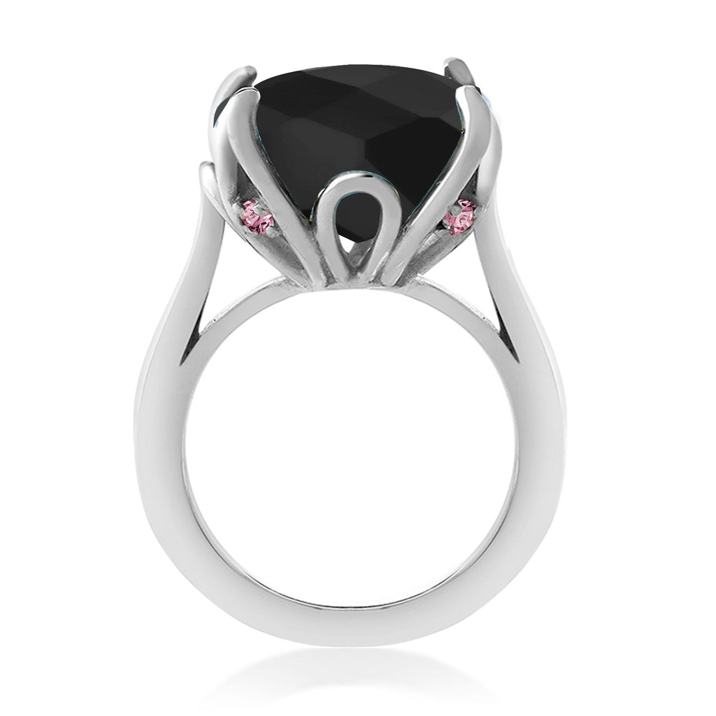 925 Sterling Silver Black Onyx and Pink Lab Grown Diamond Engagement Ring For Women (8.25 Cttw, 14MM Cushion Checkerboard, Available in Size 5,6,7,8,9)