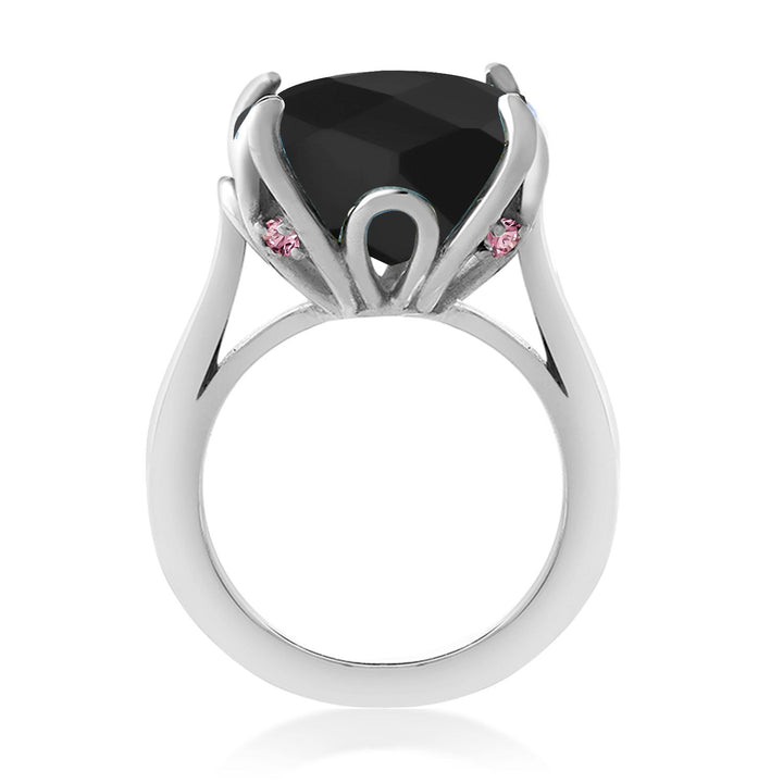 925 Sterling Silver Black Onyx and Pink Lab Grown Diamond Engagement Ring For Women (8.25 Cttw, 14MM Cushion Checkerboard, Available in Size 5,6,7,8,9)