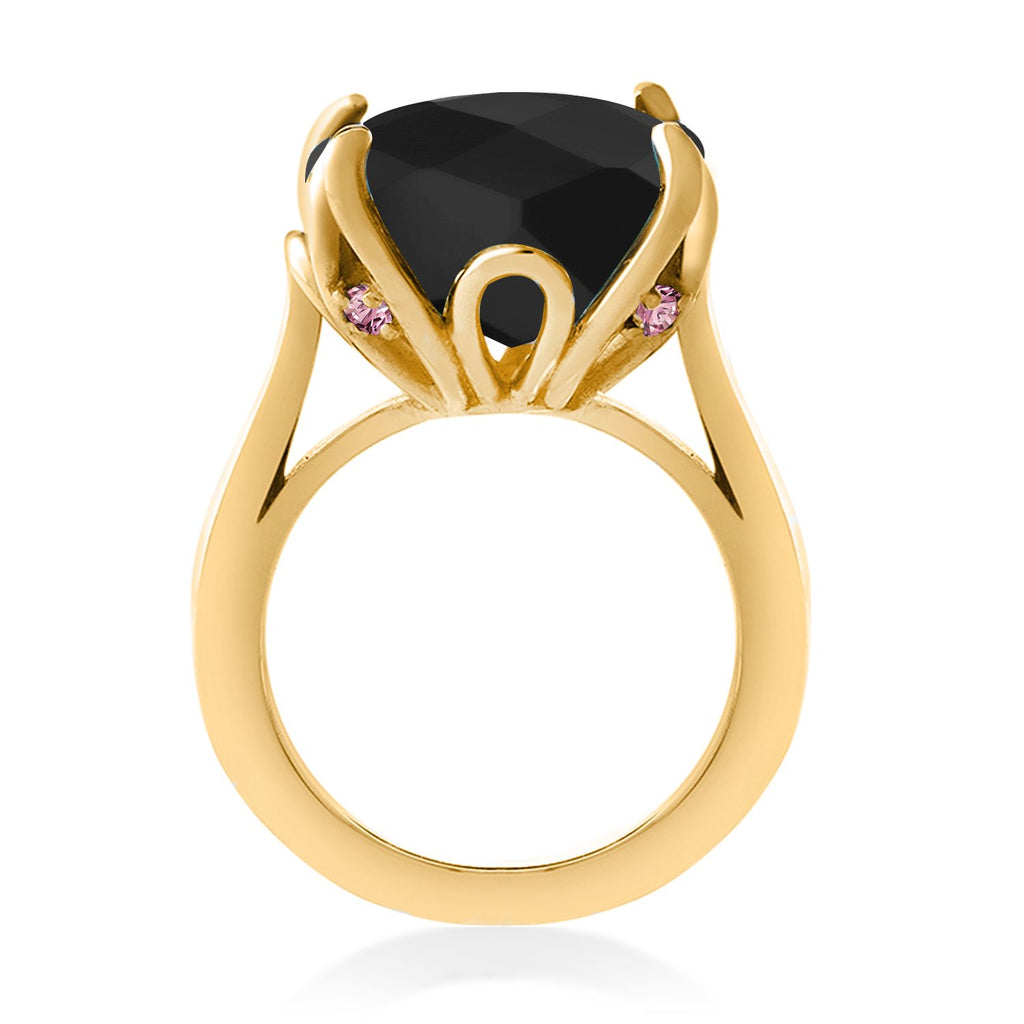 18K Yellow Gold Plated Silver Black Onyx and Pink Lab Grown Diamond Engagement Ring For Women (8.25 Cttw, 14MM Cushion Checkerboard, Available in Size 5,6,7,8,9)