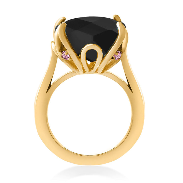 18K Yellow Gold Plated Silver Black Onyx and Pink Lab Grown Diamond Engagement Ring For Women (8.25 Cttw, 14MM Cushion Checkerboard, Available in Size 5,6,7,8,9)