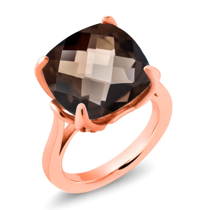 18K Rose Gold Plated Silver Brown Smoky Quartz and White Moissanite Engagement Ring For Women (9.70 Cttw, 14MM Cushion Checkerboard, Available in Size 5,6,7,8,9)
