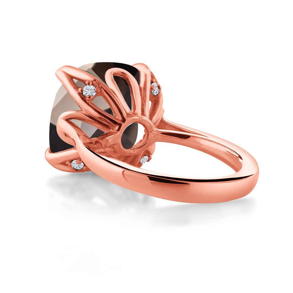 18K Rose Gold Plated Silver Brown Smoky Quartz and White Moissanite Engagement Ring For Women (9.70 Cttw, 14MM Cushion Checkerboard, Available in Size 5,6,7,8,9)