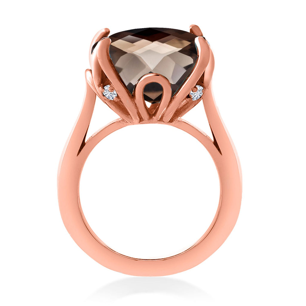 18K Rose Gold Plated Silver Brown Smoky Quartz and White Moissanite Engagement Ring For Women (9.70 Cttw, 14MM Cushion Checkerboard, Available in Size 5,6,7,8,9)