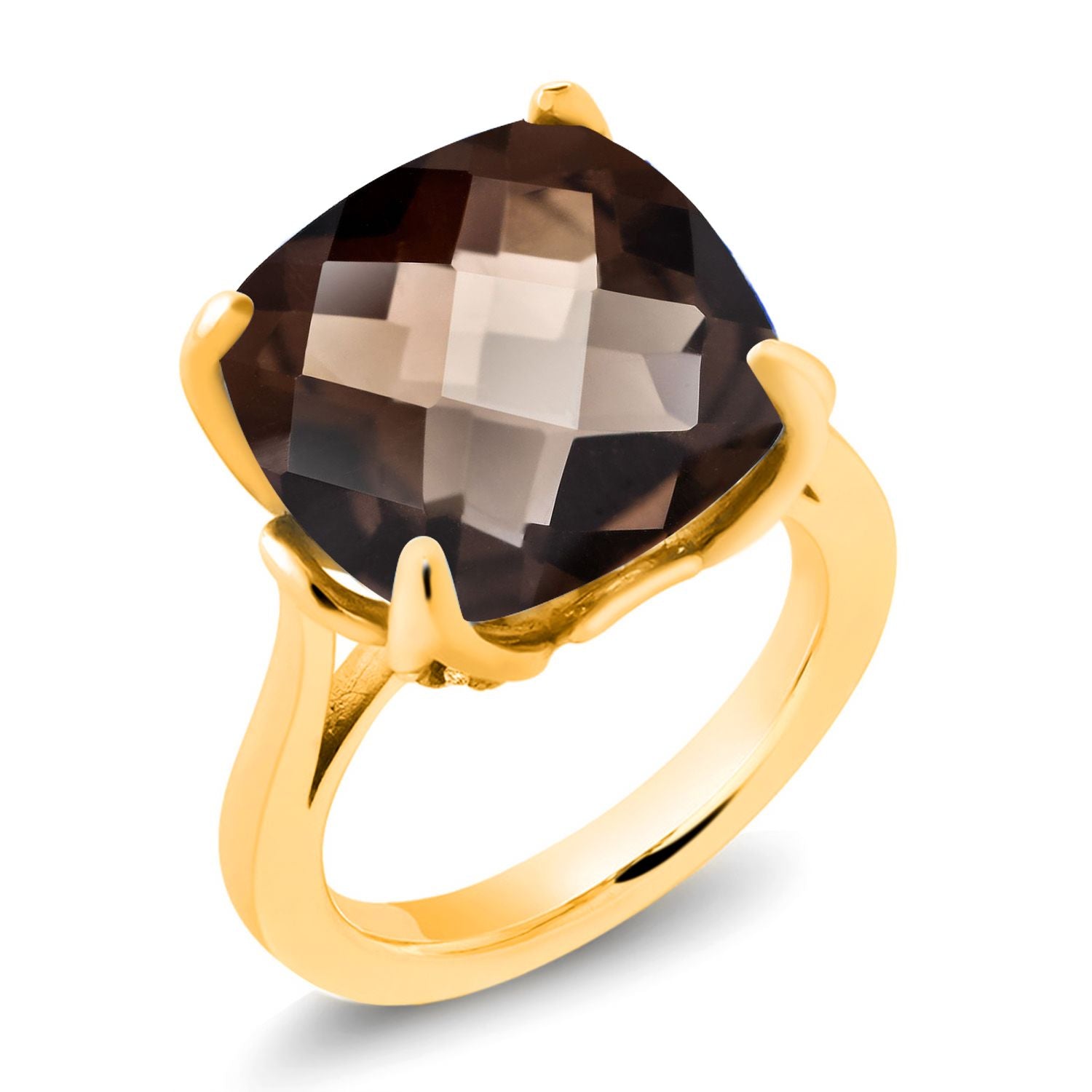 18K Yellow Gold Plated Silver Brown Smoky Quartz and White Moissanite Engagement Ring For Women (9.70 Cttw, 14MM Cushion Checkerboard, Available in Size 5,6,7,8,9)