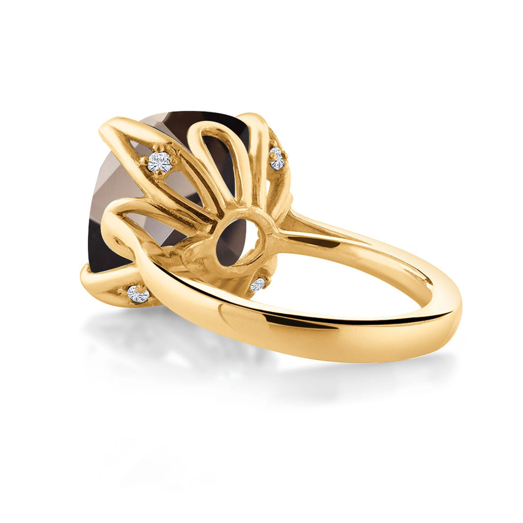18K Yellow Gold Plated Silver Brown Smoky Quartz and White Moissanite Engagement Ring For Women (9.70 Cttw, 14MM Cushion Checkerboard, Available in Size 5,6,7,8,9)