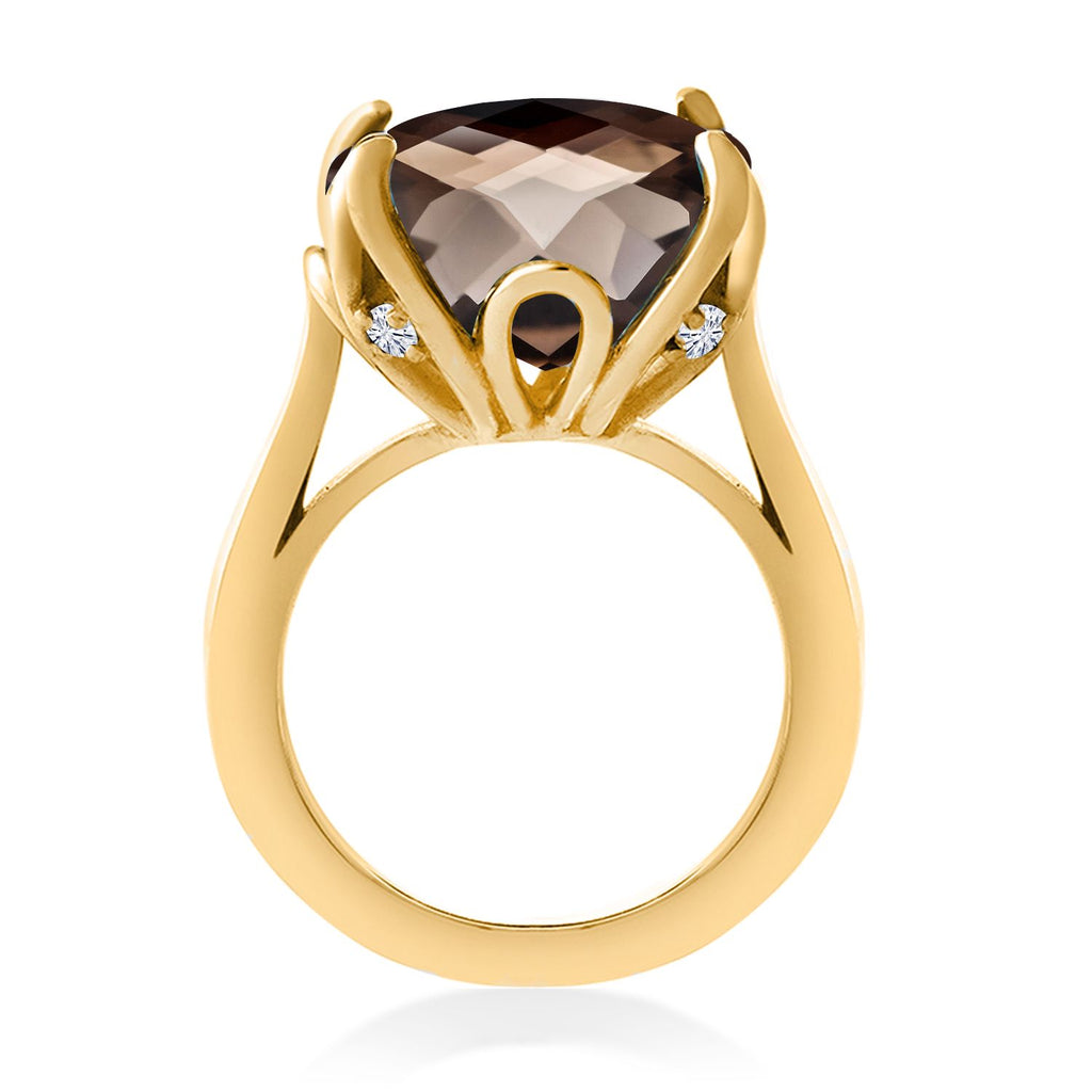 18K Yellow Gold Plated Silver Brown Smoky Quartz and White Moissanite Engagement Ring For Women (9.70 Cttw, 14MM Cushion Checkerboard, Available in Size 5,6,7,8,9)