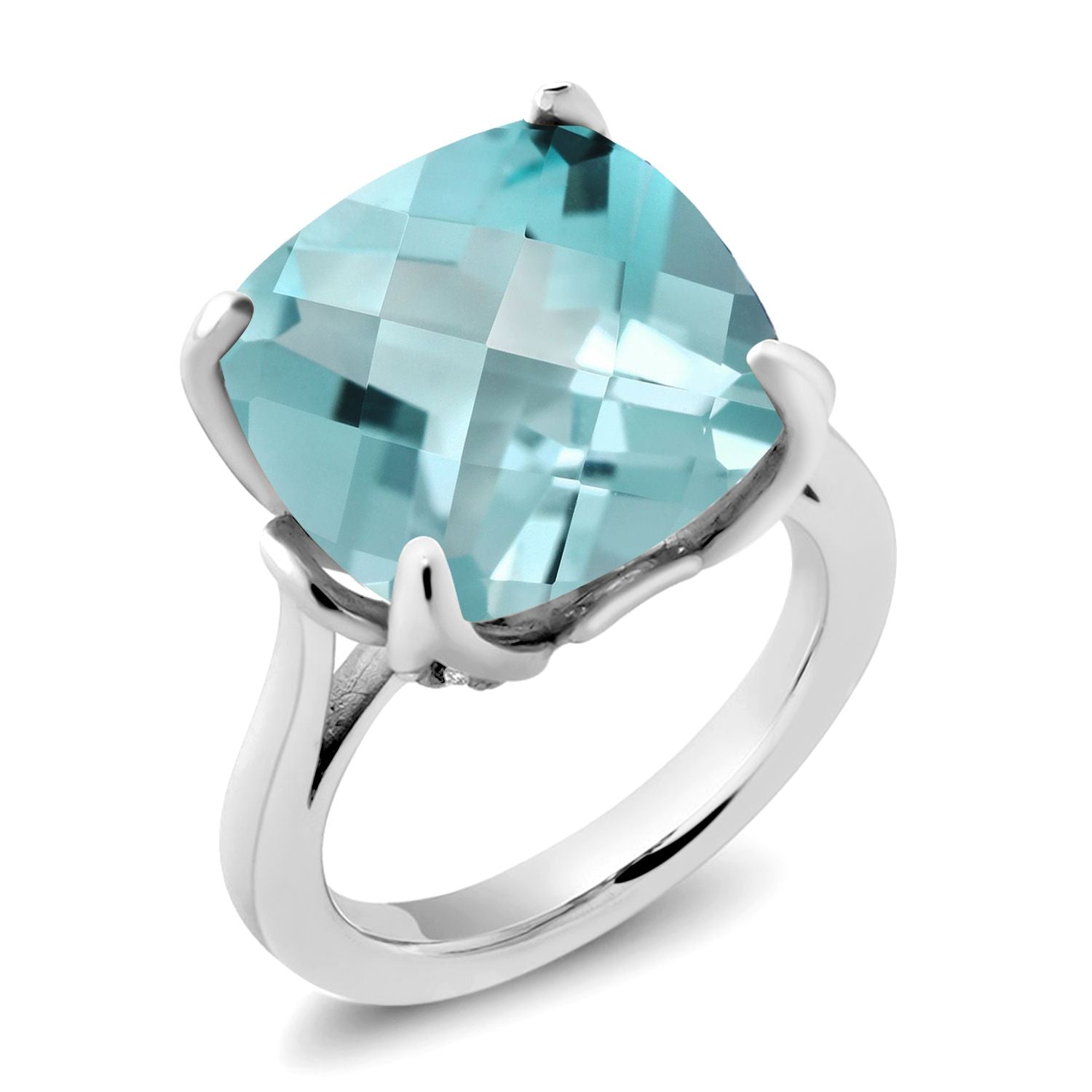 925 Sterling Silver Sky Blue Topaz and Pink Lab Grown Diamond Engagement Ring For Women (15.20 Cttw, 14MM Cushion Checkerboard, Available in Size 5,6,7,8,9)