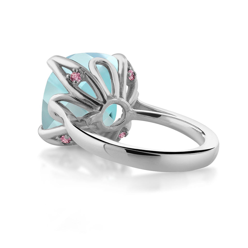 925 Sterling Silver Sky Blue Topaz and Pink Lab Grown Diamond Engagement Ring For Women (15.20 Cttw, 14MM Cushion Checkerboard, Available in Size 5,6,7,8,9)