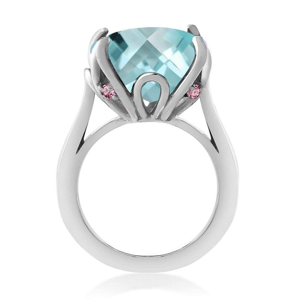 925 Sterling Silver Sky Blue Topaz and Pink Lab Grown Diamond Engagement Ring For Women (15.20 Cttw, 14MM Cushion Checkerboard, Available in Size 5,6,7,8,9)