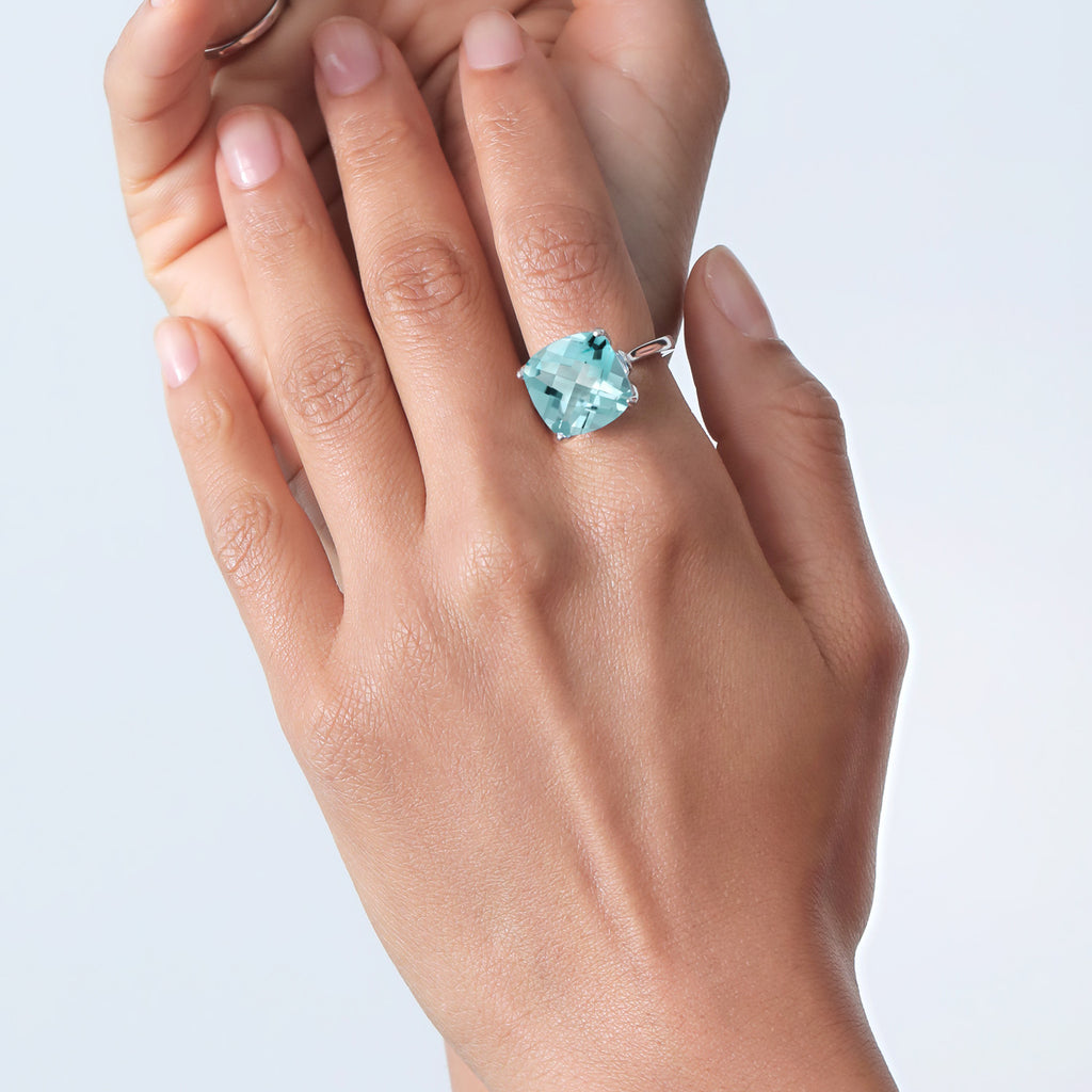 925 Sterling Silver Sky Blue Topaz and Pink Lab Grown Diamond Engagement Ring For Women (15.20 Cttw, 14MM Cushion Checkerboard, Available in Size 5,6,7,8,9)
