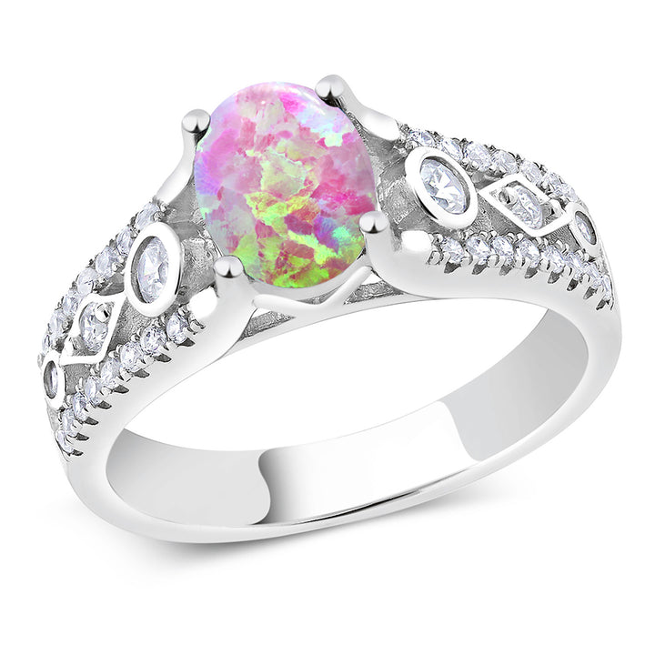 Pink Simulated Opal-Cabochon - October_5_Ring in 925 Sterling Silver