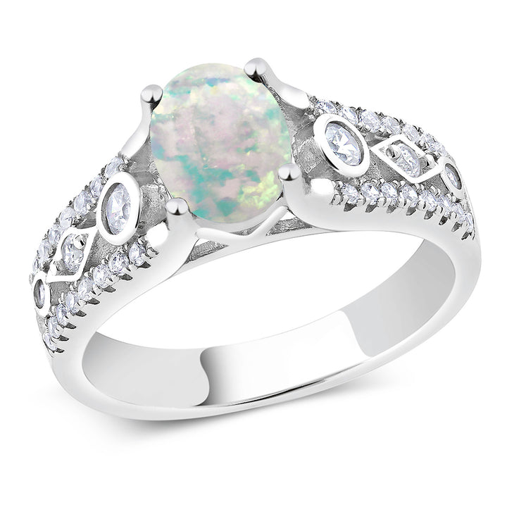 White Simulated Opal-Cabochon - October_5_Ring in 925 Sterling Silver