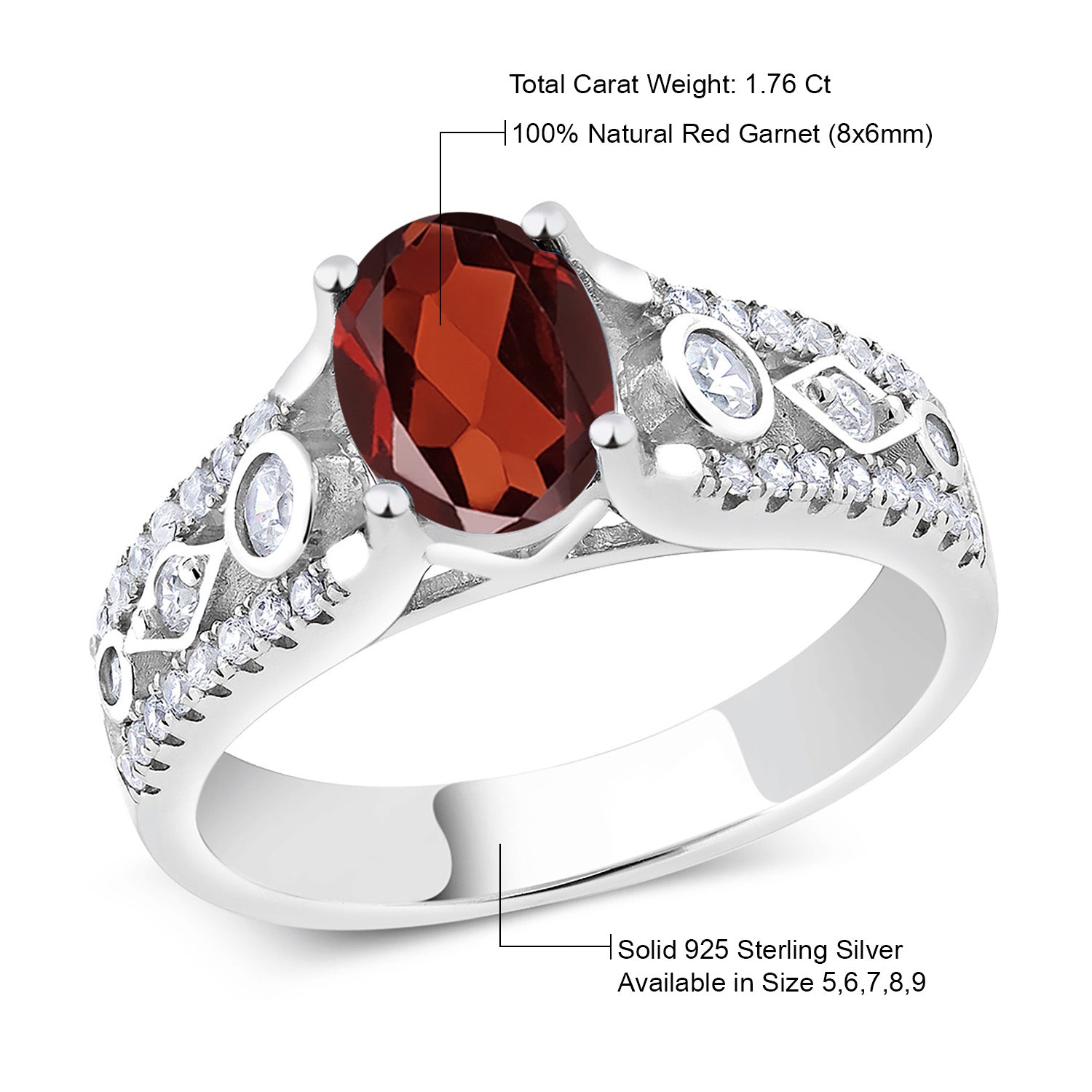 925 Sterling Silver Red Garnet Engagement Ring For Women (1.76 Cttw, Gemstone Birthstone, Available In Size 5, 6, 7, 8, 9)