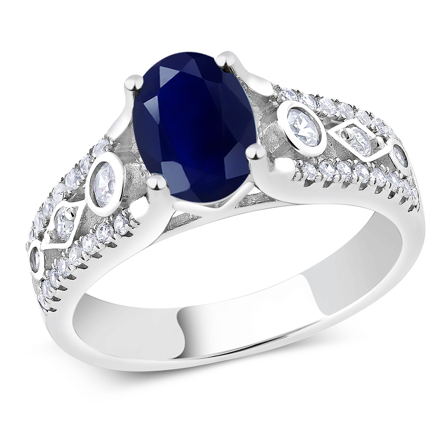 925 Sterling Silver Blue Sapphire Engagement Ring For Women (2.35 Cttw, Oval 8X6MM, Gemstone Birthstone, Available In Size 5,6,7,8,9)