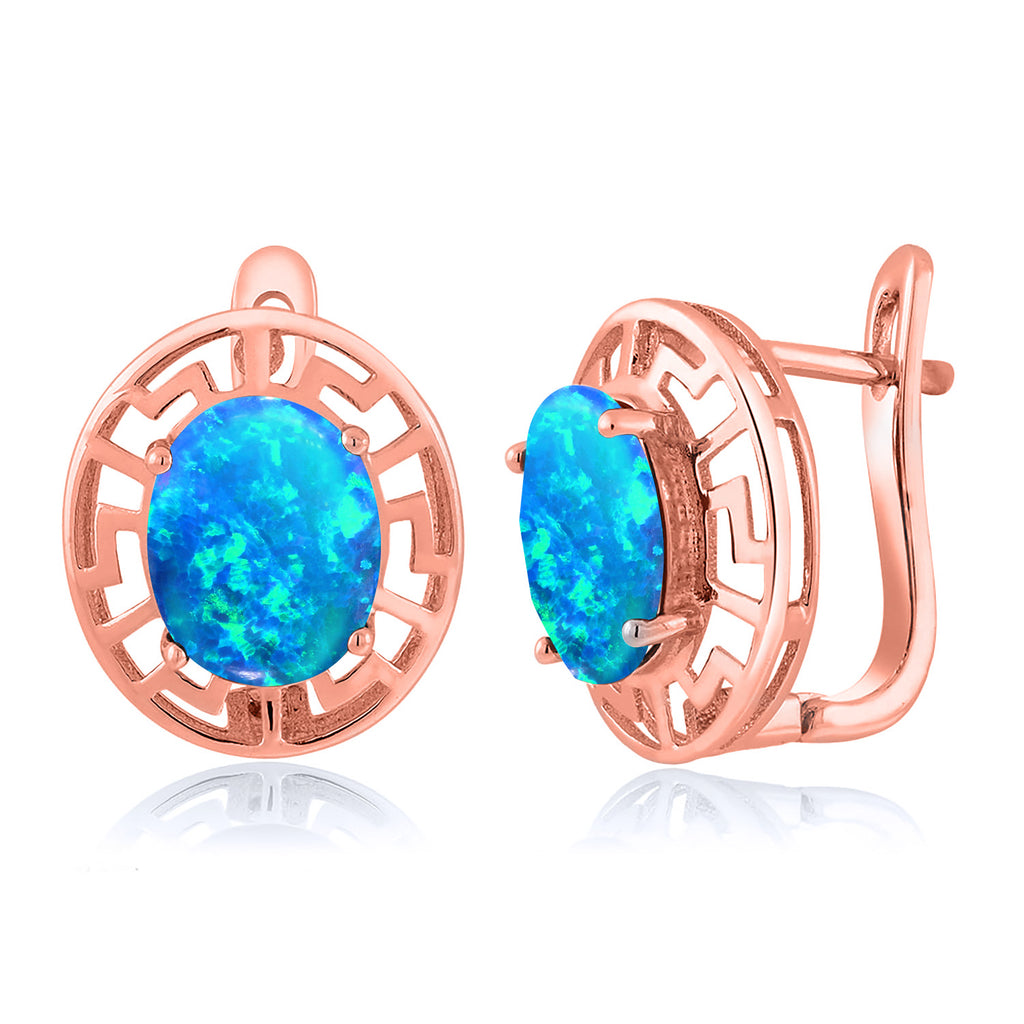 Blue Simulated Opal-Cabochon - October_Earrings in 925 Rose Gold Plated Silver