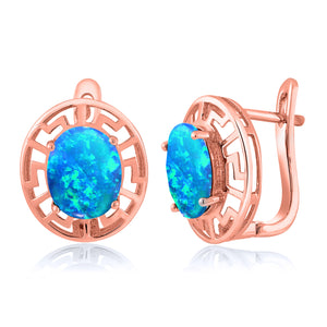 Blue Simulated Opal-Cabochon - October_Earrings in 925 Rose Gold Plated Silver