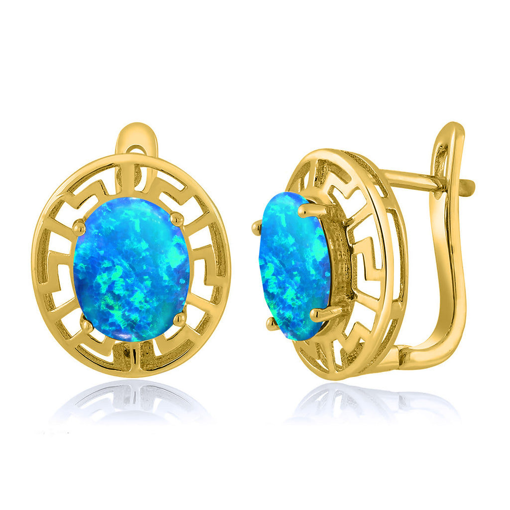 Blue Simulated Opal-Cabochon - October_Earrings in 925 Yellow Gold Plated Silver