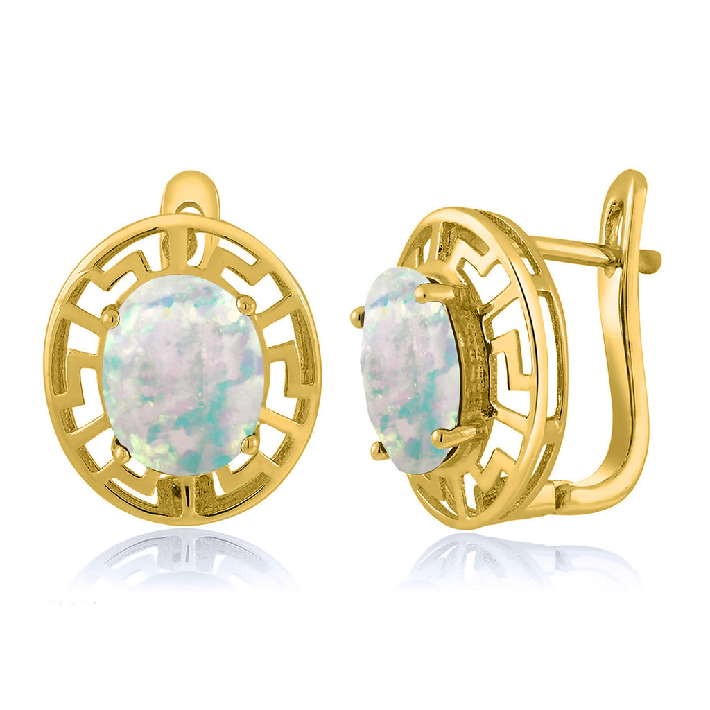 White Simulated Opal-Cabochon - October_Earrings in 925 Yellow Gold Plated Silver