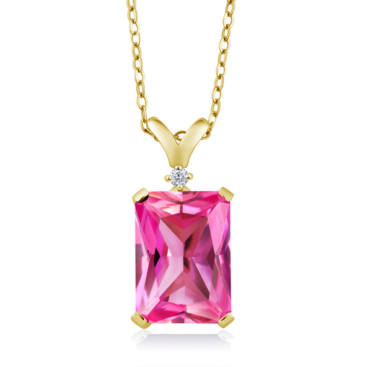 5-10 Cttw Gemstone Birthstone and White Diamond Pendant Necklace for Women | 18K Yellow Gold Plated Silver | Emerald Cut 14X10MM with 1MM Round Accent | 18 Inch Chain