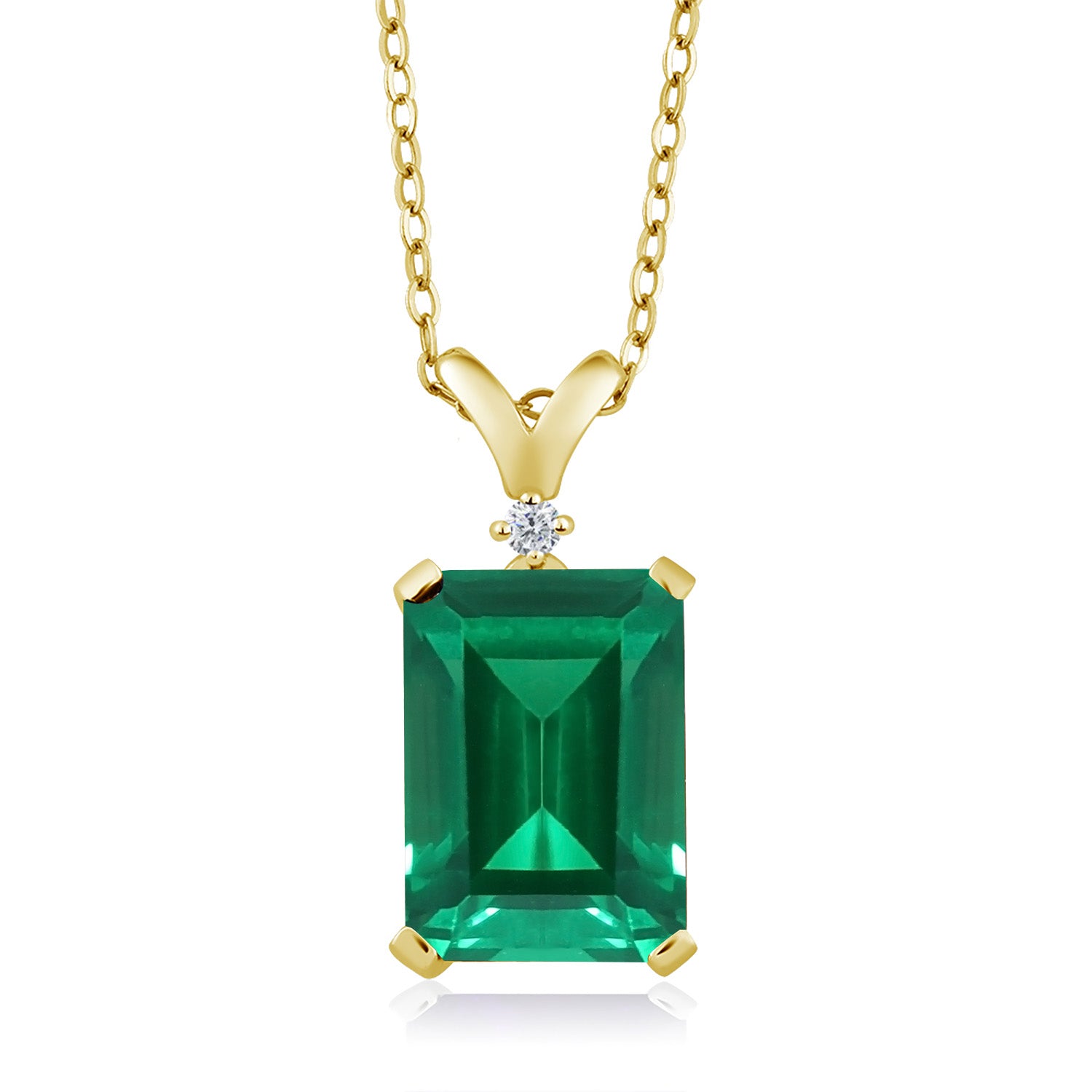 18K Yellow Gold Plated Silver Green Simulated Emerald and Diamond Pendant Necklace For Women (6.52 Cttw, Emerald Cut 14X10MM, with 18 Inch Chain)