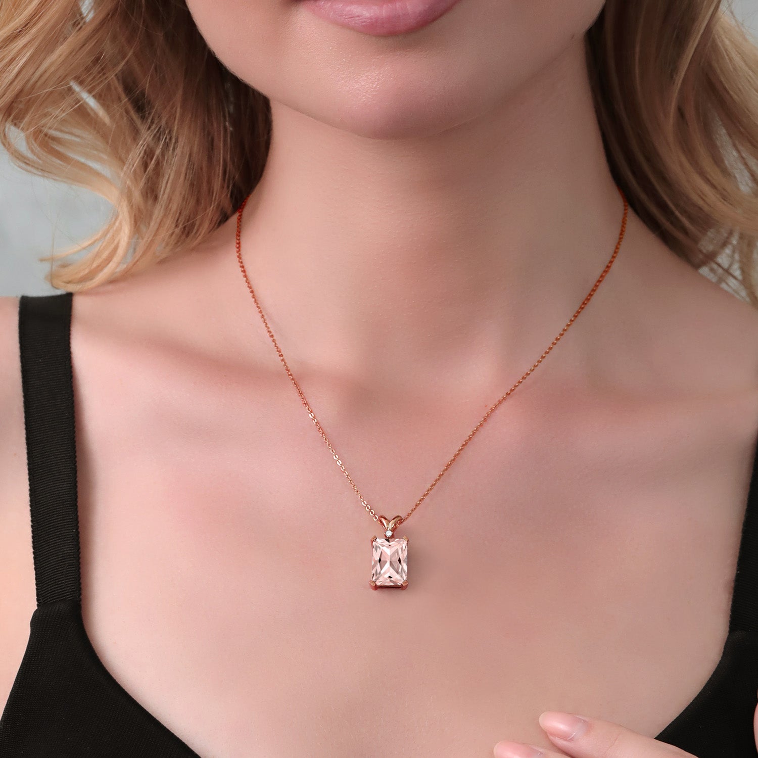 Peach Nano Morganite and White Diamond 18K Rose Gold Plated Silver Pendant Necklace For Women (6.32 Cttw, with 18 Inch Chain)