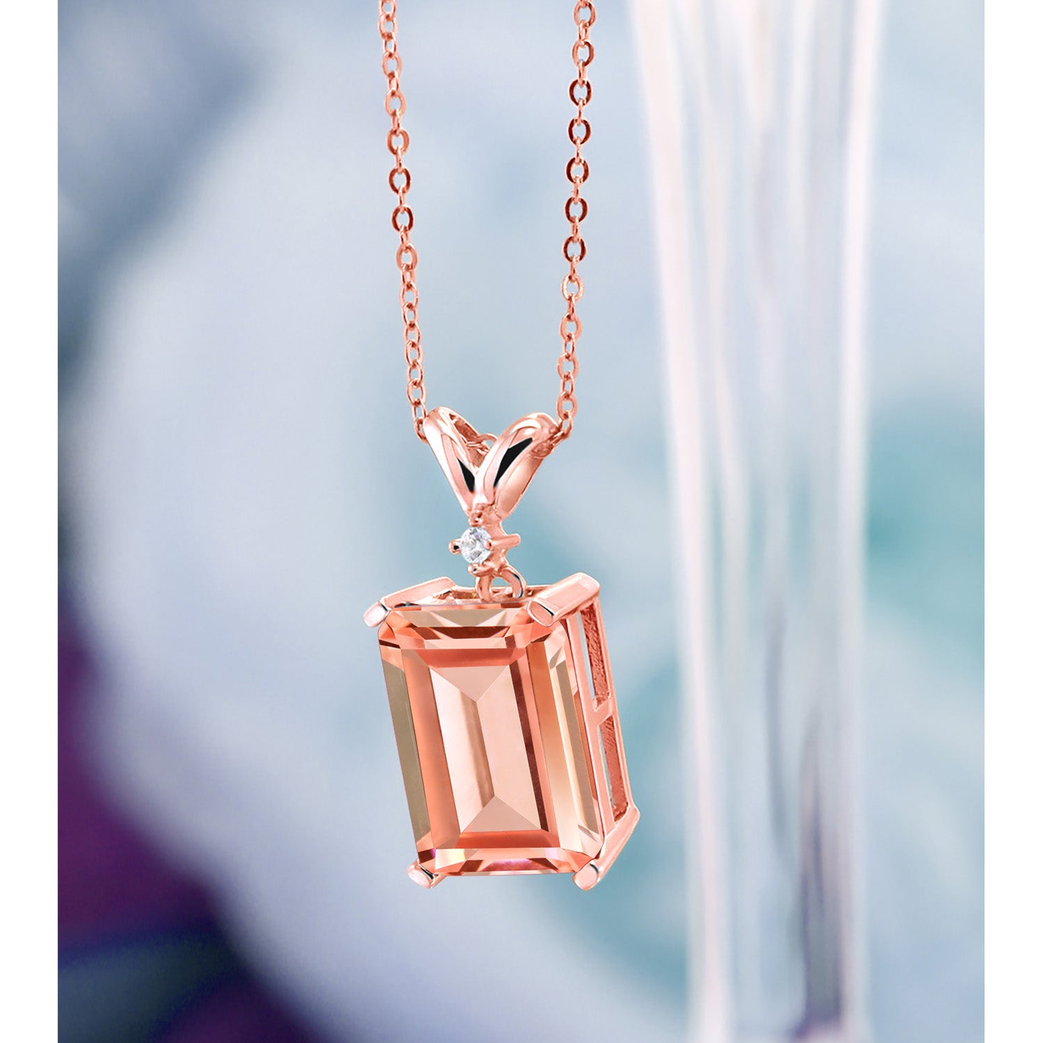 Peach Nano Morganite and White Diamond 18K Rose Gold Plated Silver Pendant Necklace For Women (6.32 Cttw, with 18 Inch Chain)