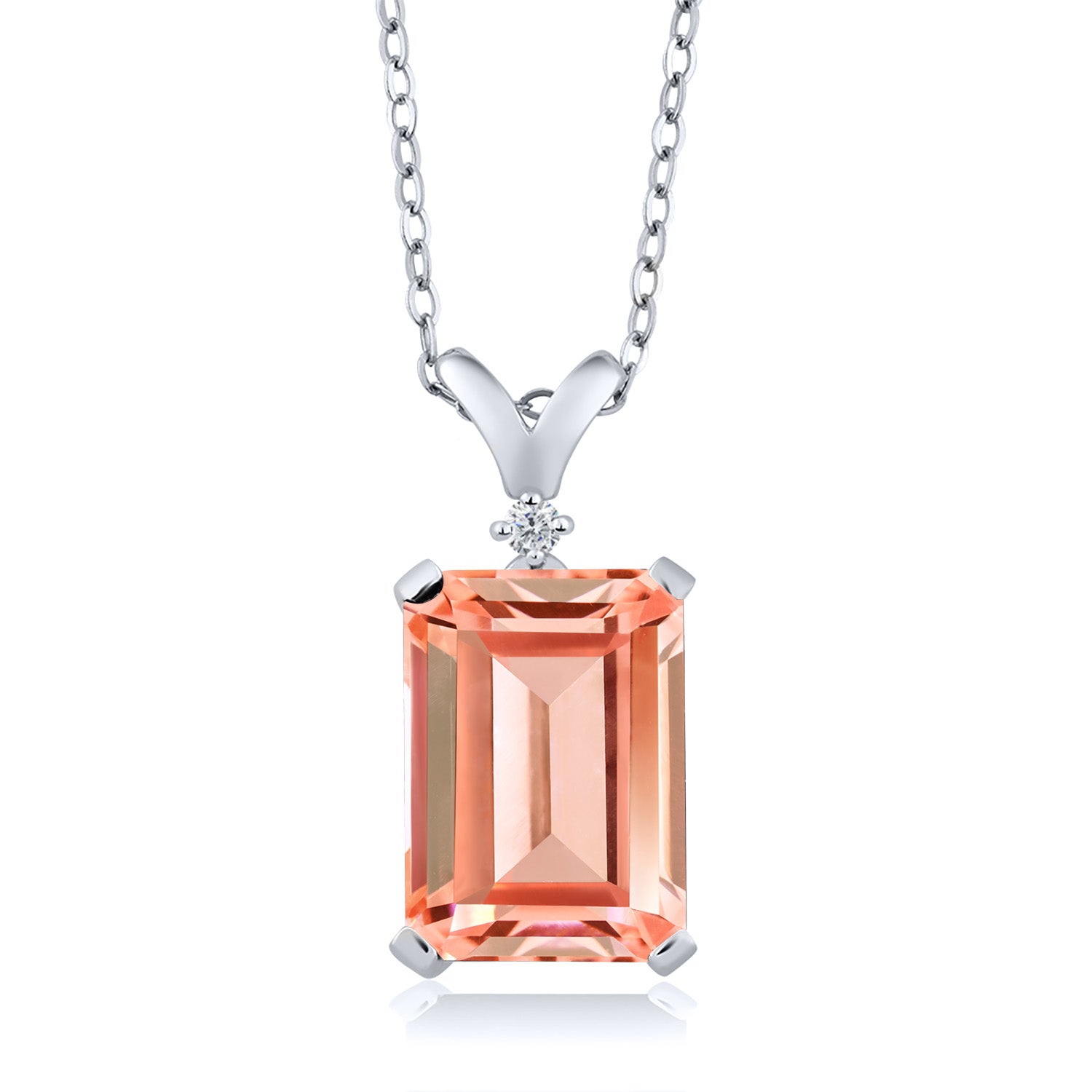 925 Sterling Silver Peach Nano Morganite and White Diamond Pendant Necklace For Women (6.32 Cttw, Emerald Cut with 18 Inch Silver Chain)