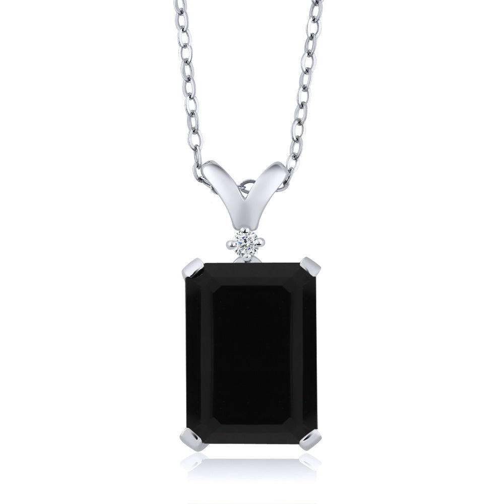 6.62 Cttw Black Onyx and White Diamond Necklace In 925 Sterling Silver | Emerald Cut 14X10MM Pendant Necklace for Women | Gemstone Birthstone | With 18 inch Silver Chain