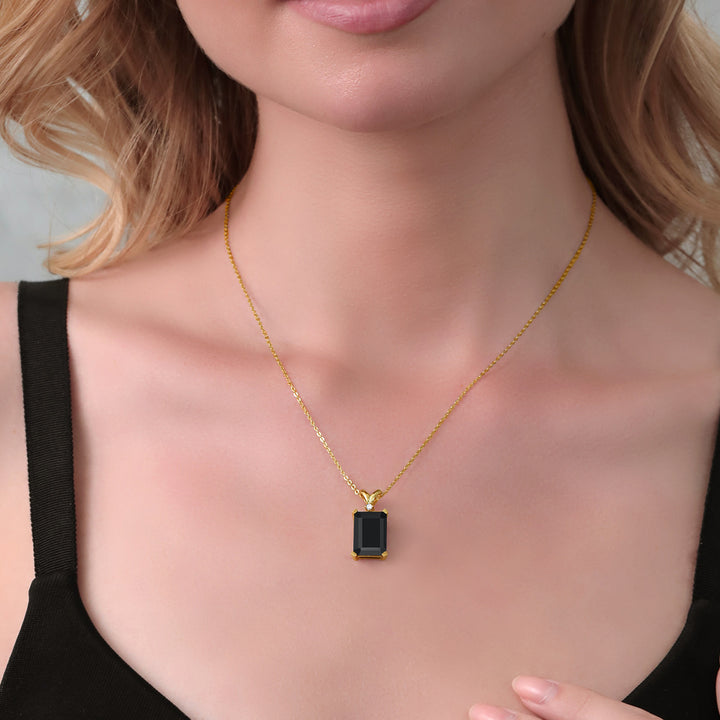 6.62 Cttw Black Onyx and White Diamond Jewelry Pendant Necklace For Women Set In 18K Yellow Gold Plated Silver | Gemstone Birthstone | 14X10MM Emerald Cut | With 18 Inch Chain