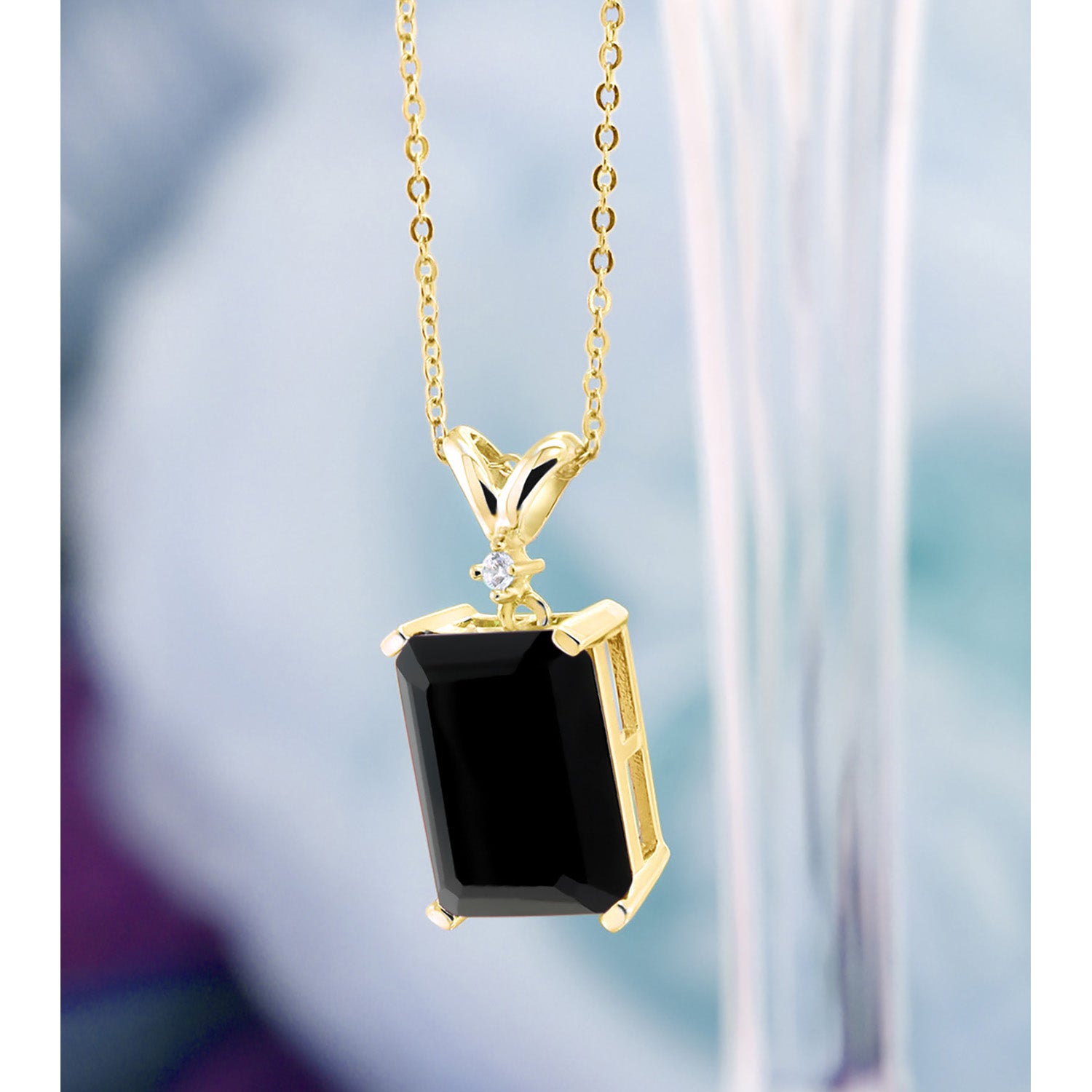 6.62 Cttw Black Onyx and White Diamond Jewelry Pendant Necklace For Women Set In 18K Yellow Gold Plated Silver | Gemstone Birthstone | 14X10MM Emerald Cut | With 18 Inch Chain