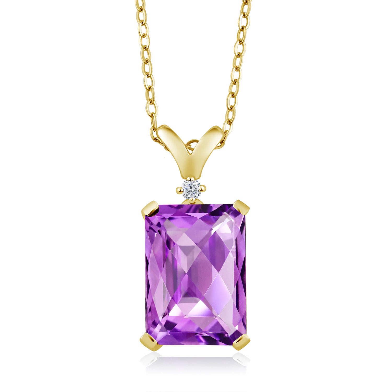 7.22 Cttw Purple Amethyst and White Diamond Pendant Necklace For Women In 18K Yellow Gold Plated Silver | Emerald Cut 14X10MM | Gemstone Birthstone | With 18 Inch Chain