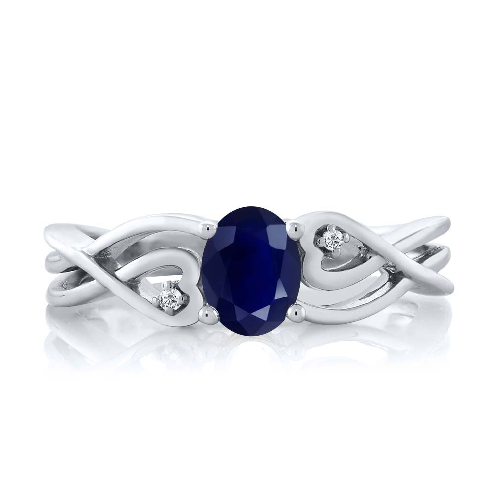 925 Sterling Silver Oval Blue Sapphire and White Lab Grown Diamond 3 Stone Engagement Ring For Women (0.56 Cttw, Gemstone Birthstone, Available In Size 5, 6, 7, 8, 9)