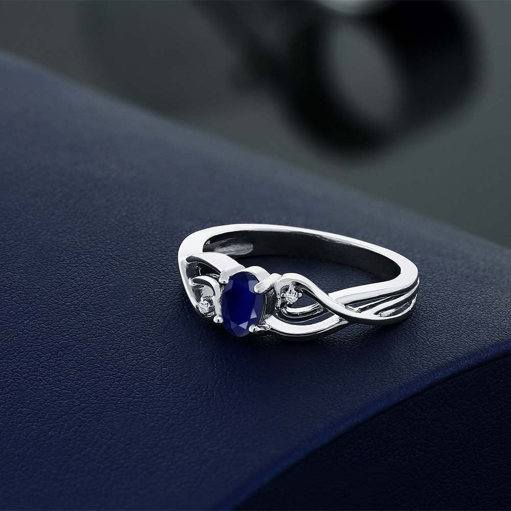 925 Sterling Silver Oval Blue Sapphire and White Lab Grown Diamond 3 Stone Engagement Ring For Women (0.56 Cttw, Gemstone Birthstone, Available In Size 5, 6, 7, 8, 9)