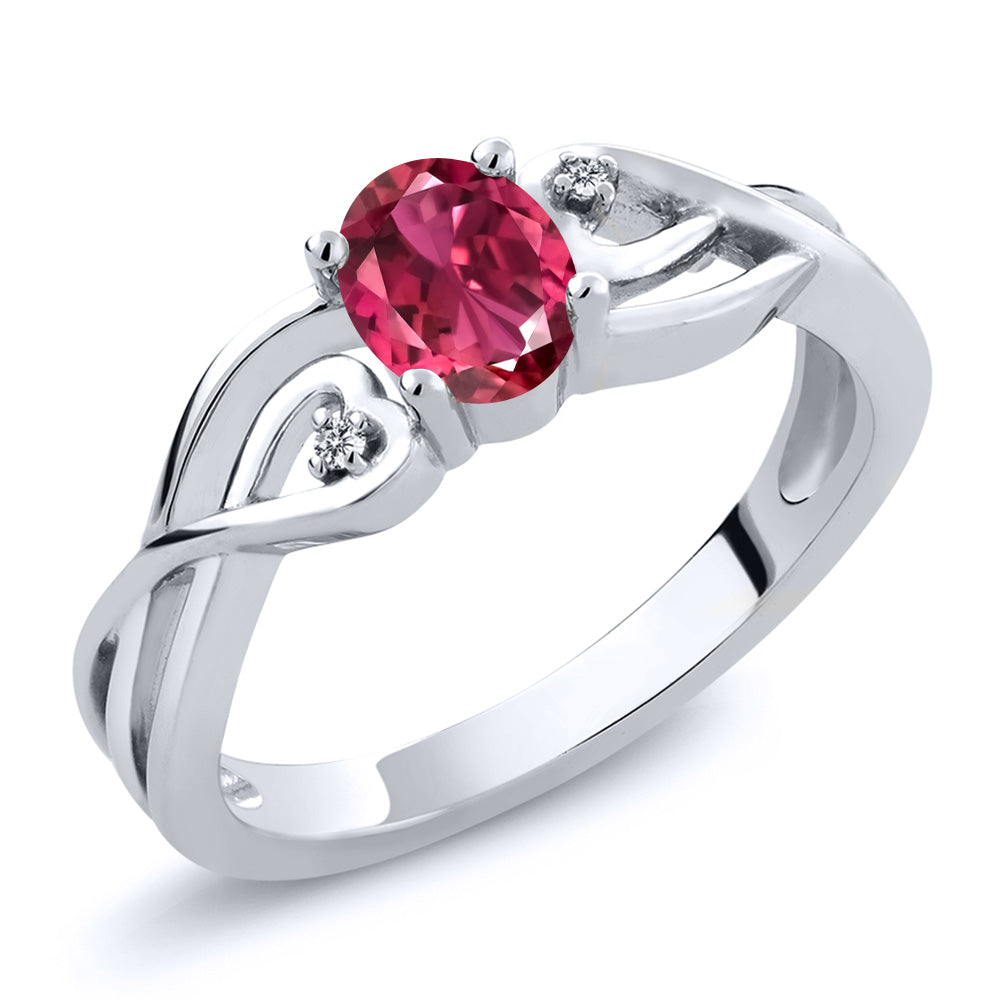 925 Sterling Silver Pink Tourmaline and White Lab Grown Diamond Ring For Women (0.51 Cttw, Oval 6X4MM, Available 5,6,7,8,9)