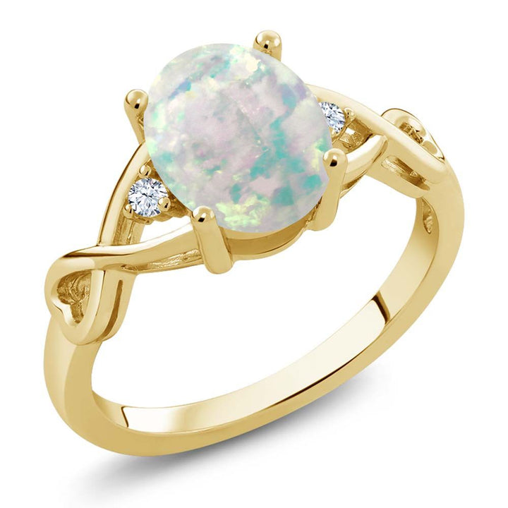 18K Yellow Gold Plated Silver Cabochon White Simulated Opal Ring For Women | 0.69 Cttw | Oval 9X7MM | Available In Size 5, 6, 7, 8, 9