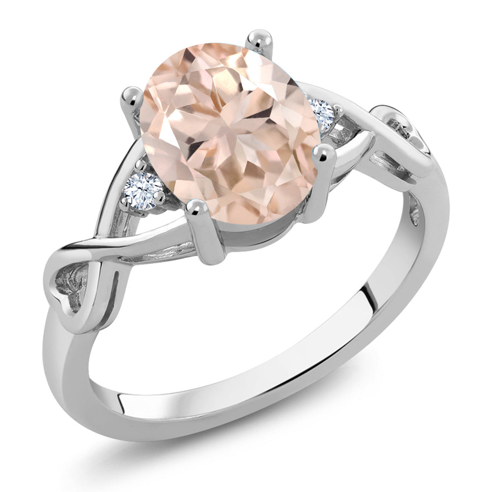 925 Sterling Silver Peach Morganite and White Topaz Women's Ring (1.65 Cttw Oval 9X7MM Available in size 5, 6, 7, 8, 9)