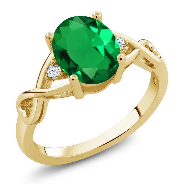 1.55 Cttw 18K Yellow Gold Plated Silver Green Simulated Emerald and White Topaz Ring For Women | Oval 9X7MM | Available in size 5, 6, 7, 8, 9