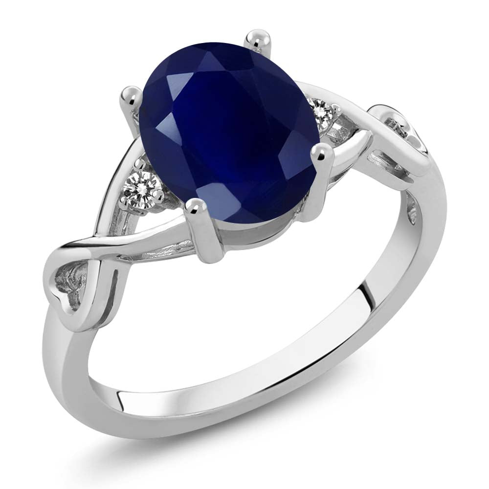 925 Sterling Silver Blue Sapphire and White Diamond Engagement Ring For Women (2.56 Cttw, Gemstone Birthstone, Available In Size 5, 6, 7, 8, 9)