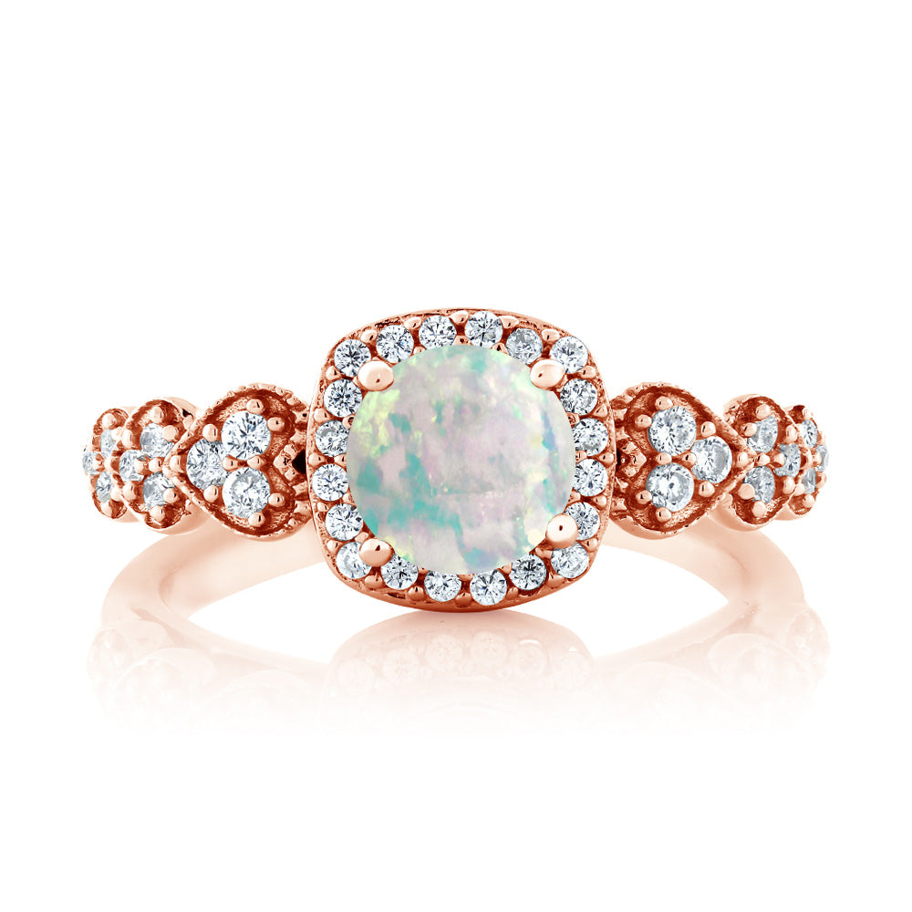 White Simulated Opal-Cabochon - October_7_Ring in 925 Rose Gold Plated Silver
