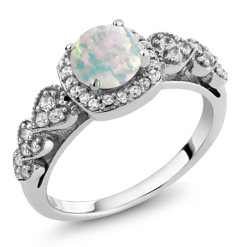 White Simulated Opal-Cabochon - October_5_Ring in 925 Sterling Silver