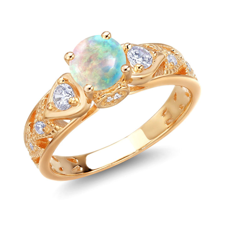 White Simulated Opal-Cabochon - October_5_Ring in 925 Yellow Gold Plated Silver